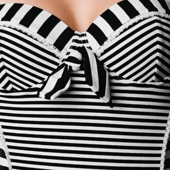 NWT - Belsira Neck-holder Candy Striped Vintage Style Swimsuit (BLACK/WHITE) - Picture 3 of 13